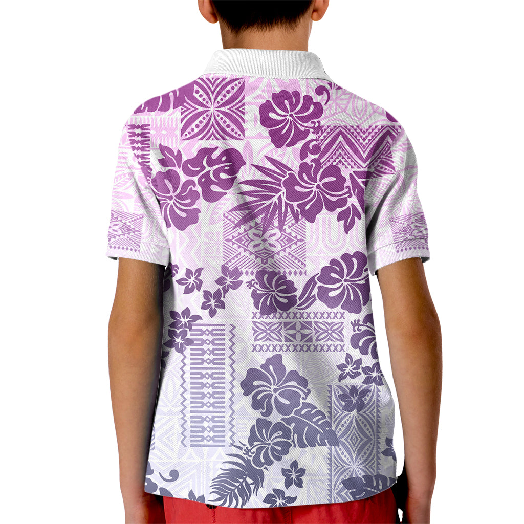 Vintage Hawaii Kid Polo Shirt Hibiscus Tapa Tribal With Hawaiian Quilt Pattern Violet - Wonder Print Shop