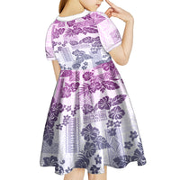 Vintage Hawaii Kid Short Sleeve Dress Hibiscus Tapa Tribal With Hawaiian Quilt Pattern Violet - Wonder Print Shop