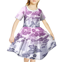 Vintage Hawaii Kid Short Sleeve Dress Hibiscus Tapa Tribal With Hawaiian Quilt Pattern Violet - Wonder Print Shop