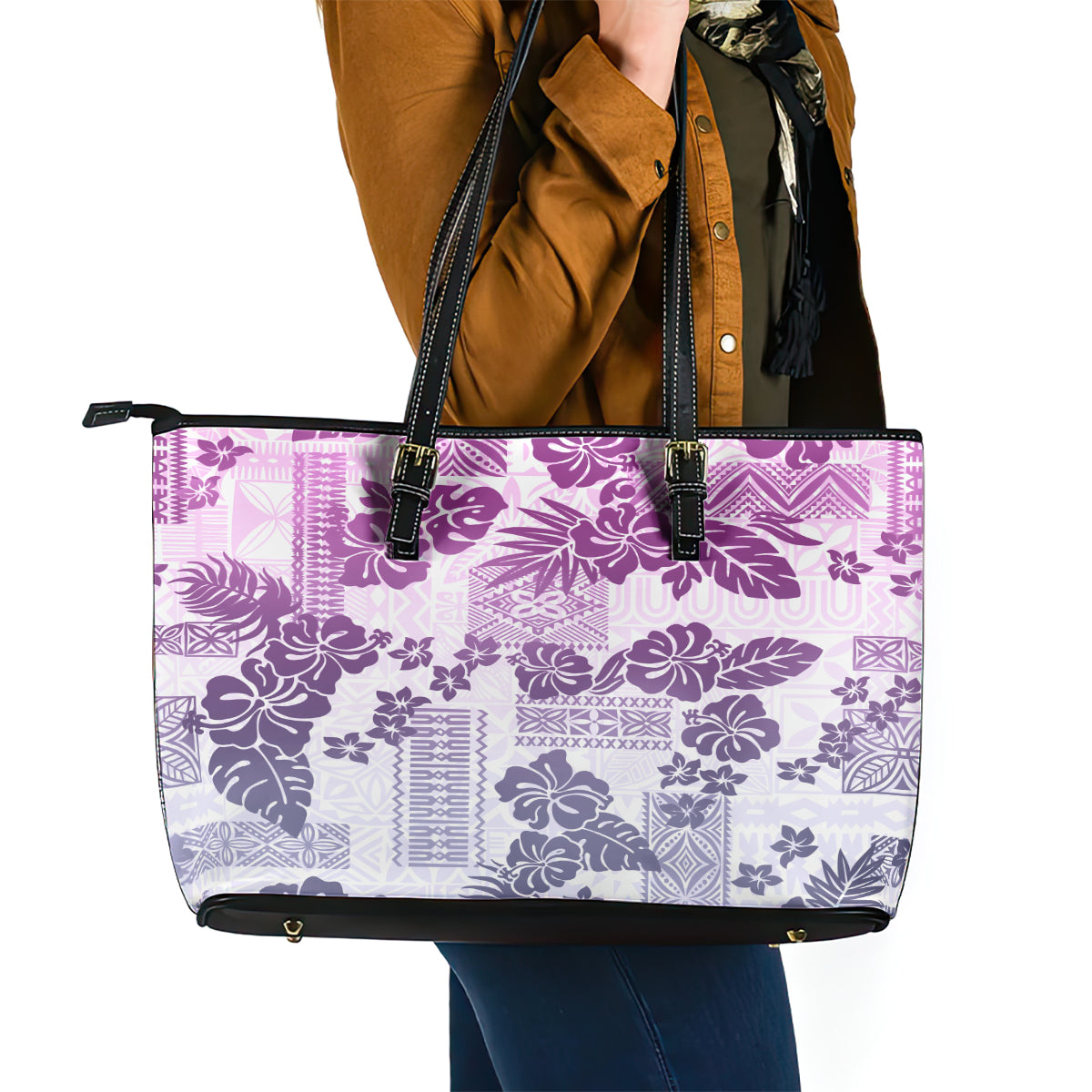 Vintage Hawaii Leather Tote Bag Hibiscus Tapa Tribal With Hawaiian Quilt Pattern Violet - Wonder Print Shop