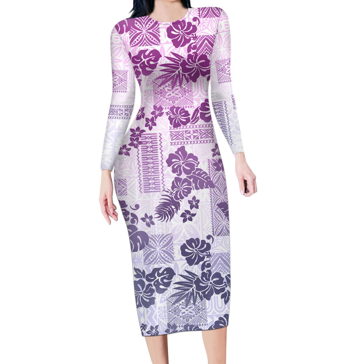 Vintage Hawaii Long Sleeve Bodycon Dress Hibiscus Tapa Tribal With Hawaiian Quilt Pattern Violet - Wonder Print Shop