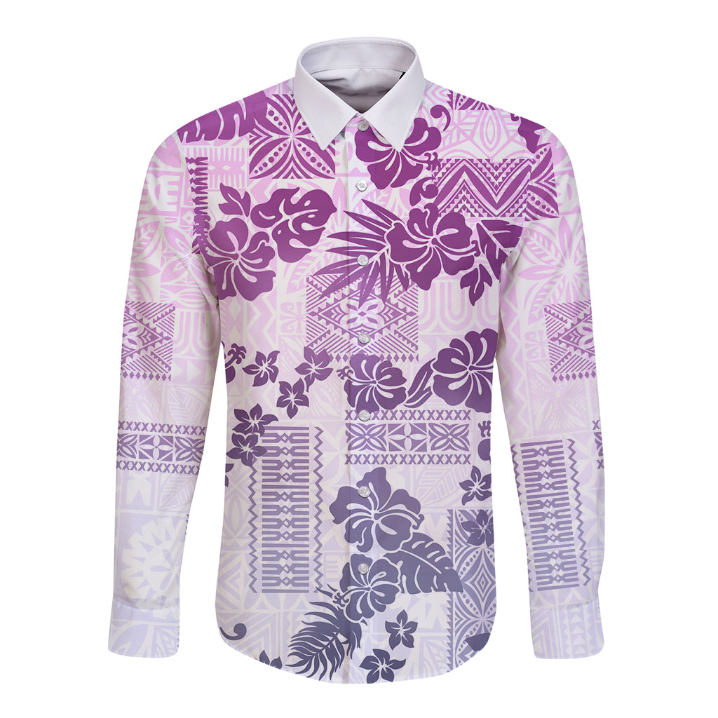 Vintage Hawaii Long Sleeve Button Shirt Hibiscus Tapa Tribal With Hawaiian Quilt Pattern Violet - Wonder Print Shop