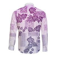 Vintage Hawaii Long Sleeve Button Shirt Hibiscus Tapa Tribal With Hawaiian Quilt Pattern Violet - Wonder Print Shop