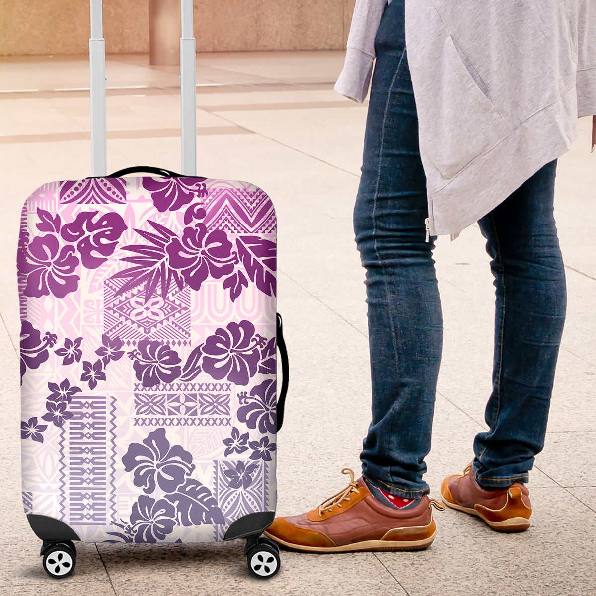 Vintage Hawaii Luggage Cover Hibiscus Tapa Tribal With Hawaiian Quilt Pattern Violet - Wonder Print Shop