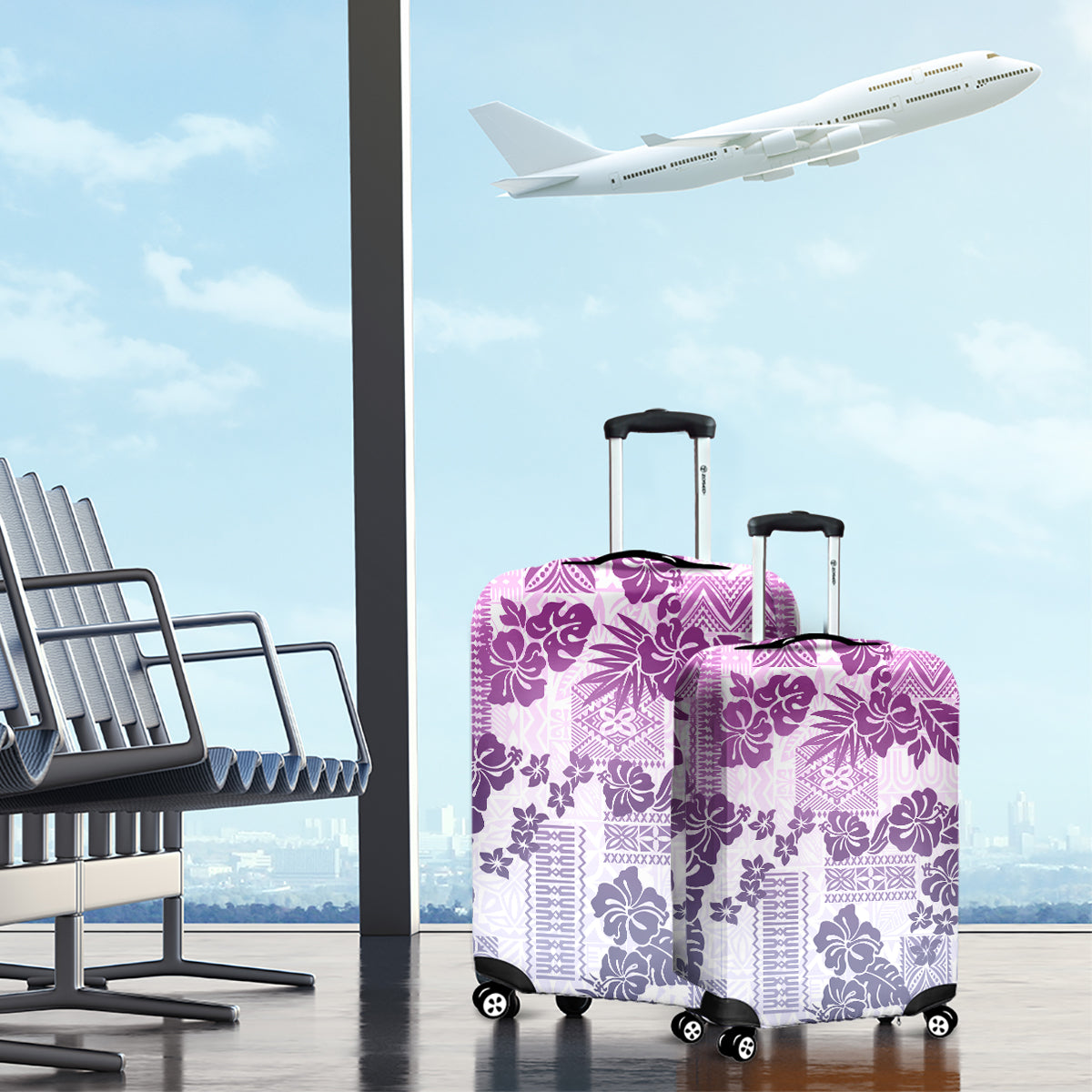 Vintage Hawaii Luggage Cover Hibiscus Tapa Tribal With Hawaiian Quilt Pattern Violet - Wonder Print Shop