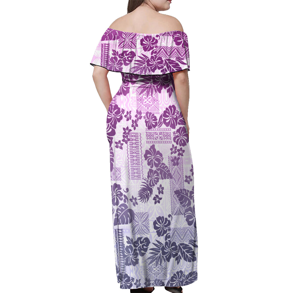 Vintage Hawaii Off Shoulder Maxi Dress Hibiscus Tapa Tribal With Hawaiian Quilt Pattern Violet - Wonder Print Shop