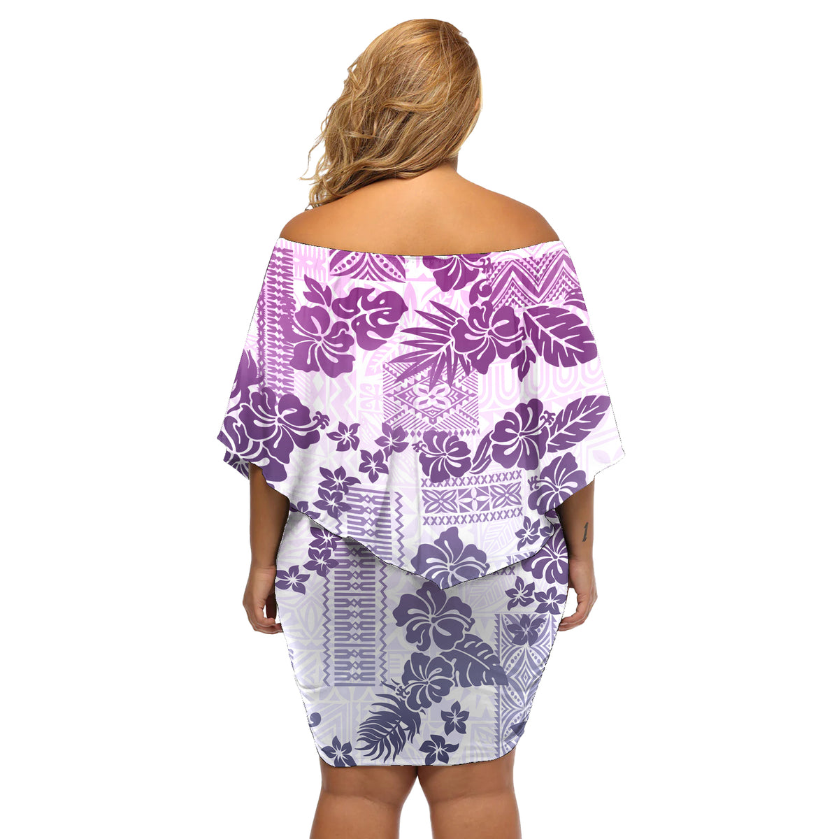Vintage Hawaii Off Shoulder Short Dress Hibiscus Tapa Tribal With Hawaiian Quilt Pattern Violet - Wonder Print Shop