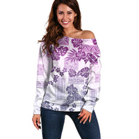 Vintage Hawaii Off Shoulder Sweater Hibiscus Tapa Tribal With Hawaiian Quilt Pattern Violet - Wonder Print Shop