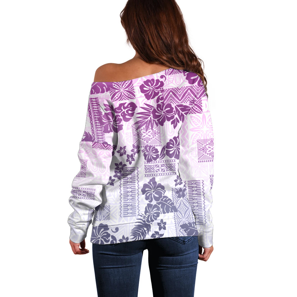 Vintage Hawaii Off Shoulder Sweater Hibiscus Tapa Tribal With Hawaiian Quilt Pattern Violet - Wonder Print Shop