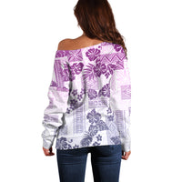 Vintage Hawaii Off Shoulder Sweater Hibiscus Tapa Tribal With Hawaiian Quilt Pattern Violet - Wonder Print Shop