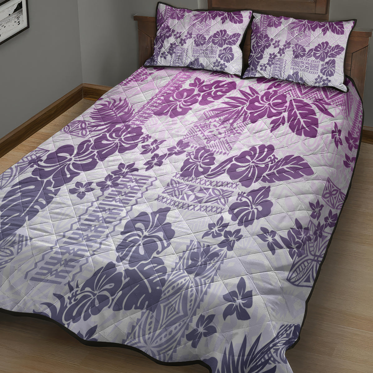 Vintage Hawaii Quilt Bed Set Hibiscus Tapa Tribal With Hawaiian Quilt Pattern Violet - Wonder Print Shop