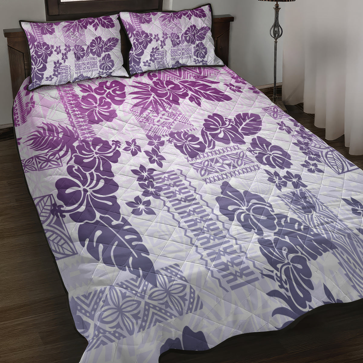 Vintage Hawaii Quilt Bed Set Hibiscus Tapa Tribal With Hawaiian Quilt Pattern Violet - Wonder Print Shop