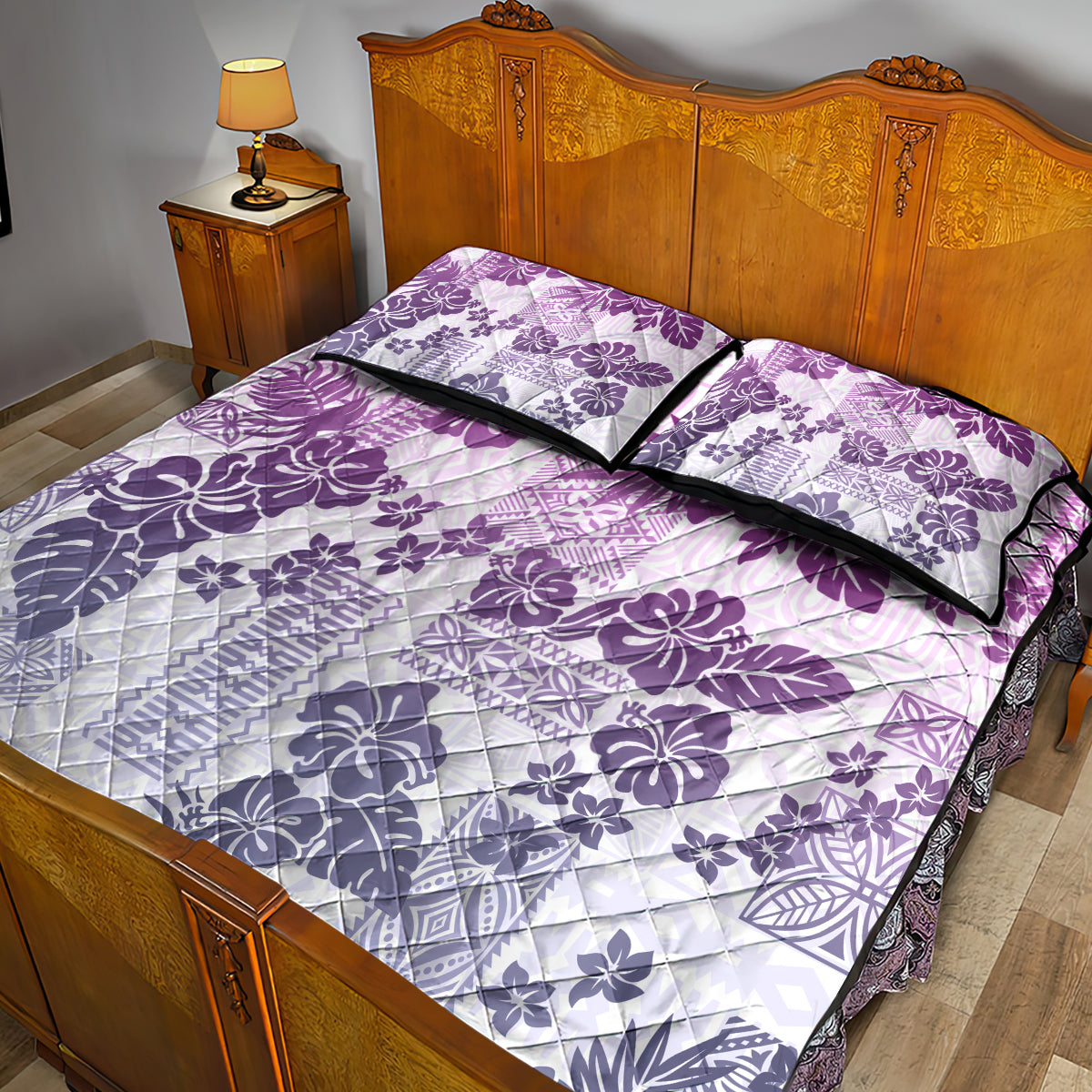 Vintage Hawaii Quilt Bed Set Hibiscus Tapa Tribal With Hawaiian Quilt Pattern Violet - Wonder Print Shop