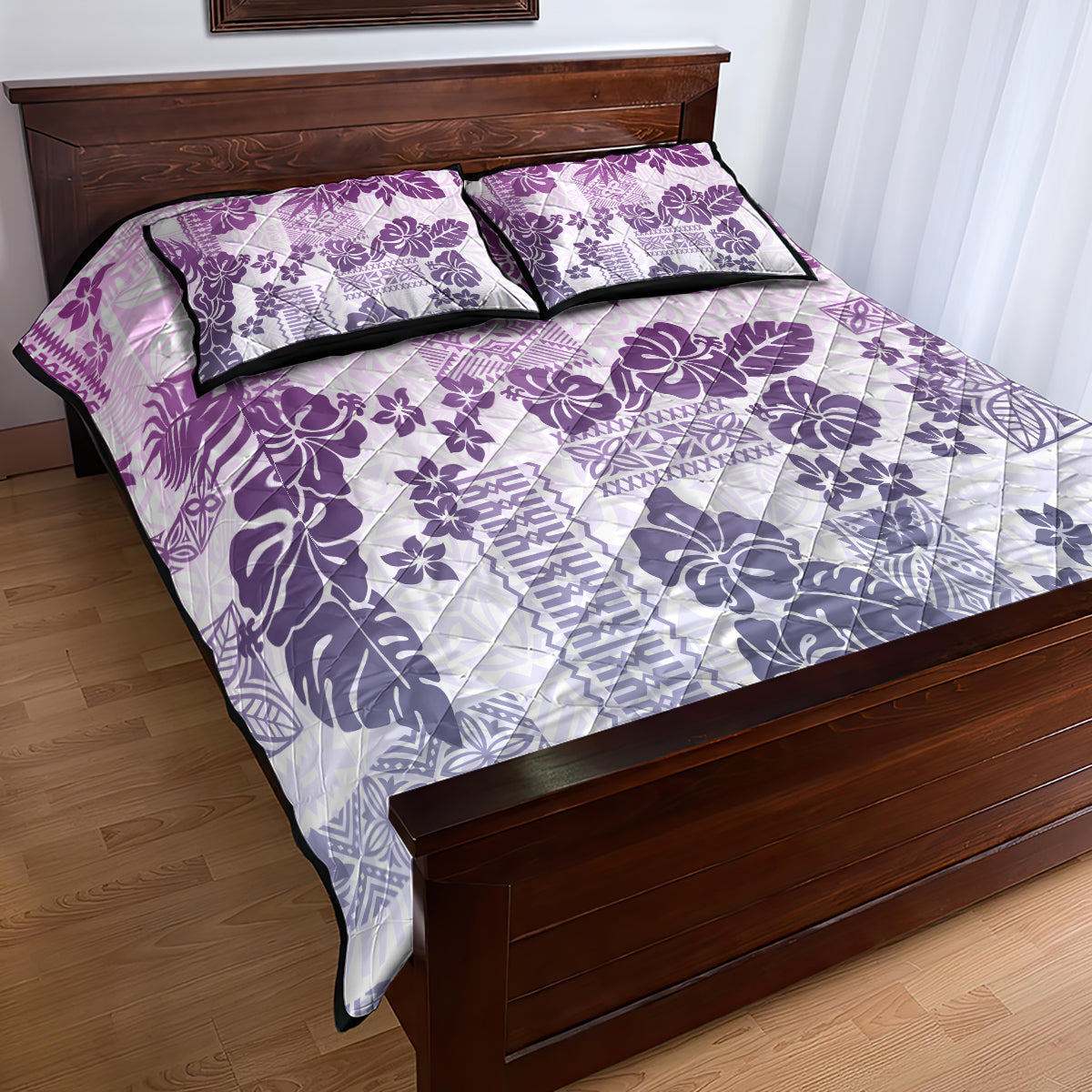 Vintage Hawaii Quilt Bed Set Hibiscus Tapa Tribal With Hawaiian Quilt Pattern Violet - Wonder Print Shop