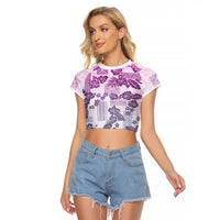 Vintage Hawaii Raglan Cropped T Shirt Hibiscus Tapa Tribal With Hawaiian Quilt Pattern Violet - Wonder Print Shop