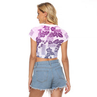 Vintage Hawaii Raglan Cropped T Shirt Hibiscus Tapa Tribal With Hawaiian Quilt Pattern Violet - Wonder Print Shop