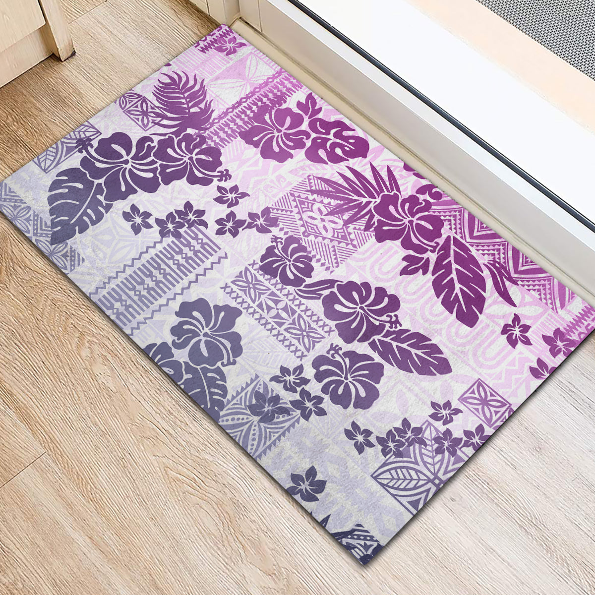 Vintage Hawaii Rubber Doormat Hibiscus Tapa Tribal With Hawaiian Quilt Pattern Violet - Wonder Print Shop