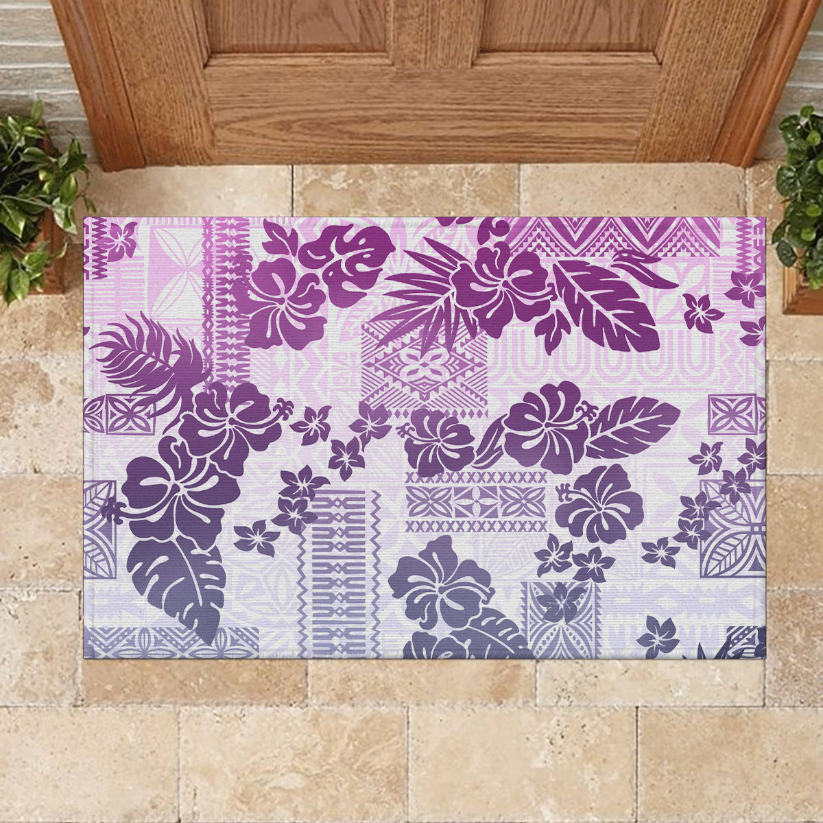 Vintage Hawaii Rubber Doormat Hibiscus Tapa Tribal With Hawaiian Quilt Pattern Violet - Wonder Print Shop