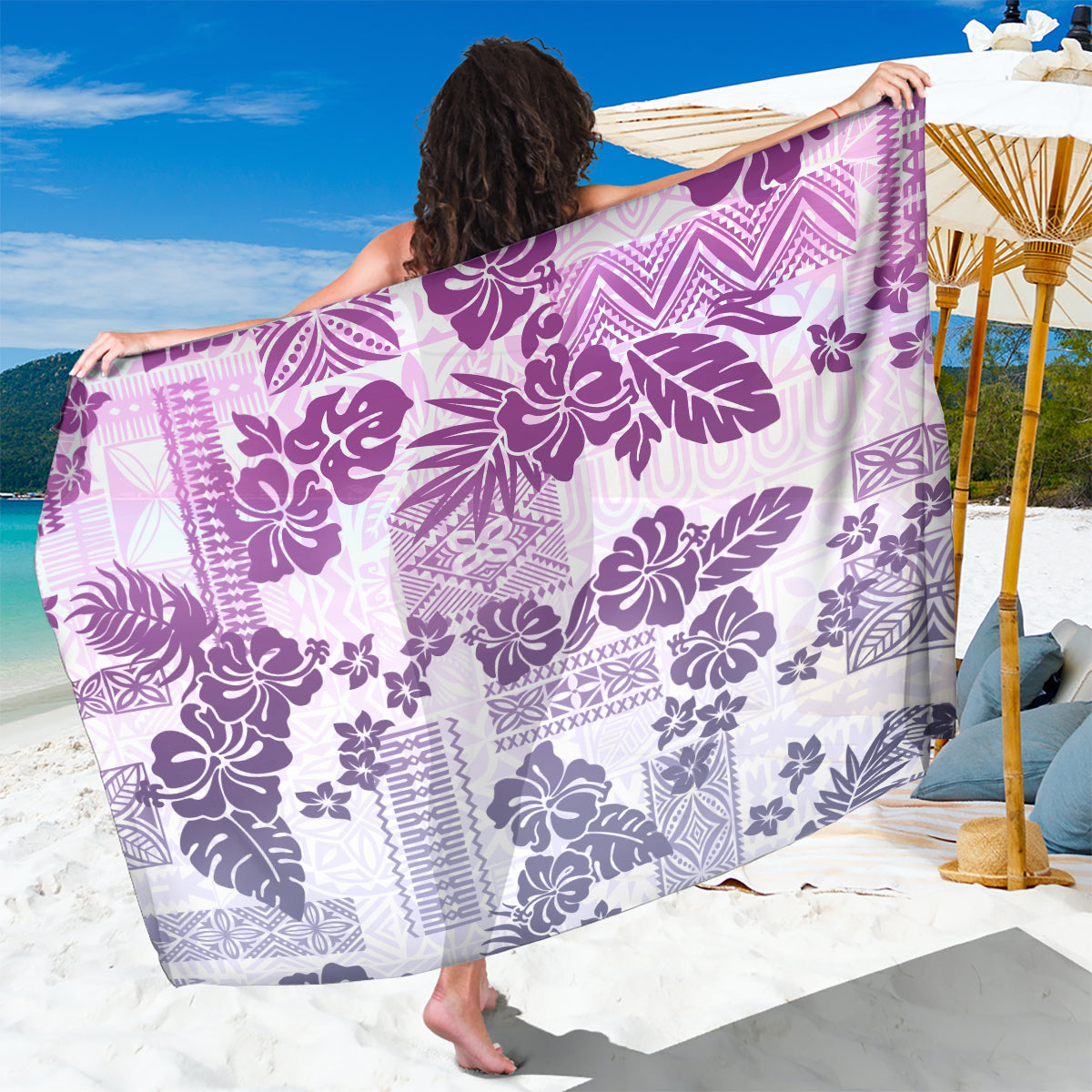 Vintage Hawaii Sarong Hibiscus Tapa Tribal With Hawaiian Quilt Pattern Violet - Wonder Print Shop
