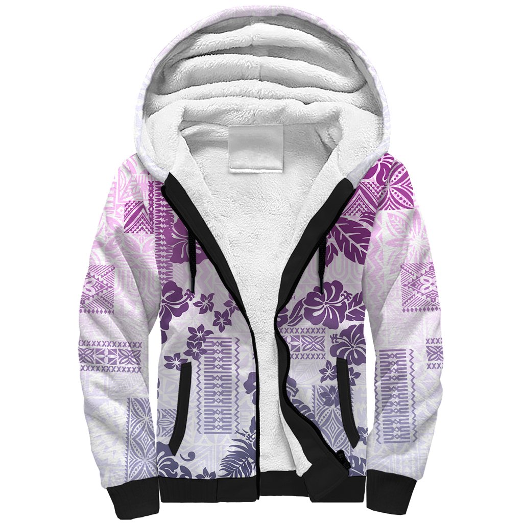 Vintage Hawaii Sherpa Hoodie Hibiscus Tapa Tribal With Hawaiian Quilt Pattern Violet - Wonder Print Shop