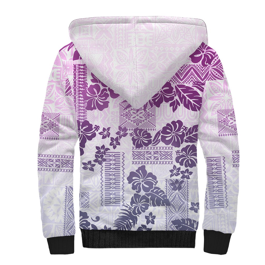 Vintage Hawaii Sherpa Hoodie Hibiscus Tapa Tribal With Hawaiian Quilt Pattern Violet - Wonder Print Shop