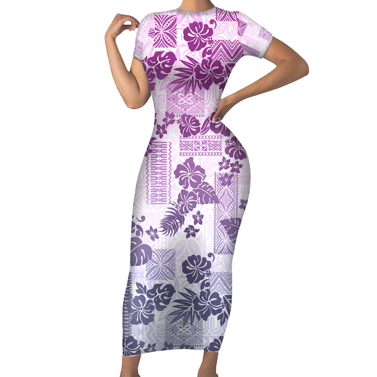 Vintage Hawaii Short Sleeve Bodycon Dress Hibiscus Tapa Tribal With Hawaiian Quilt Pattern Violet - Wonder Print Shop