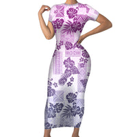 Vintage Hawaii Short Sleeve Bodycon Dress Hibiscus Tapa Tribal With Hawaiian Quilt Pattern Violet - Wonder Print Shop