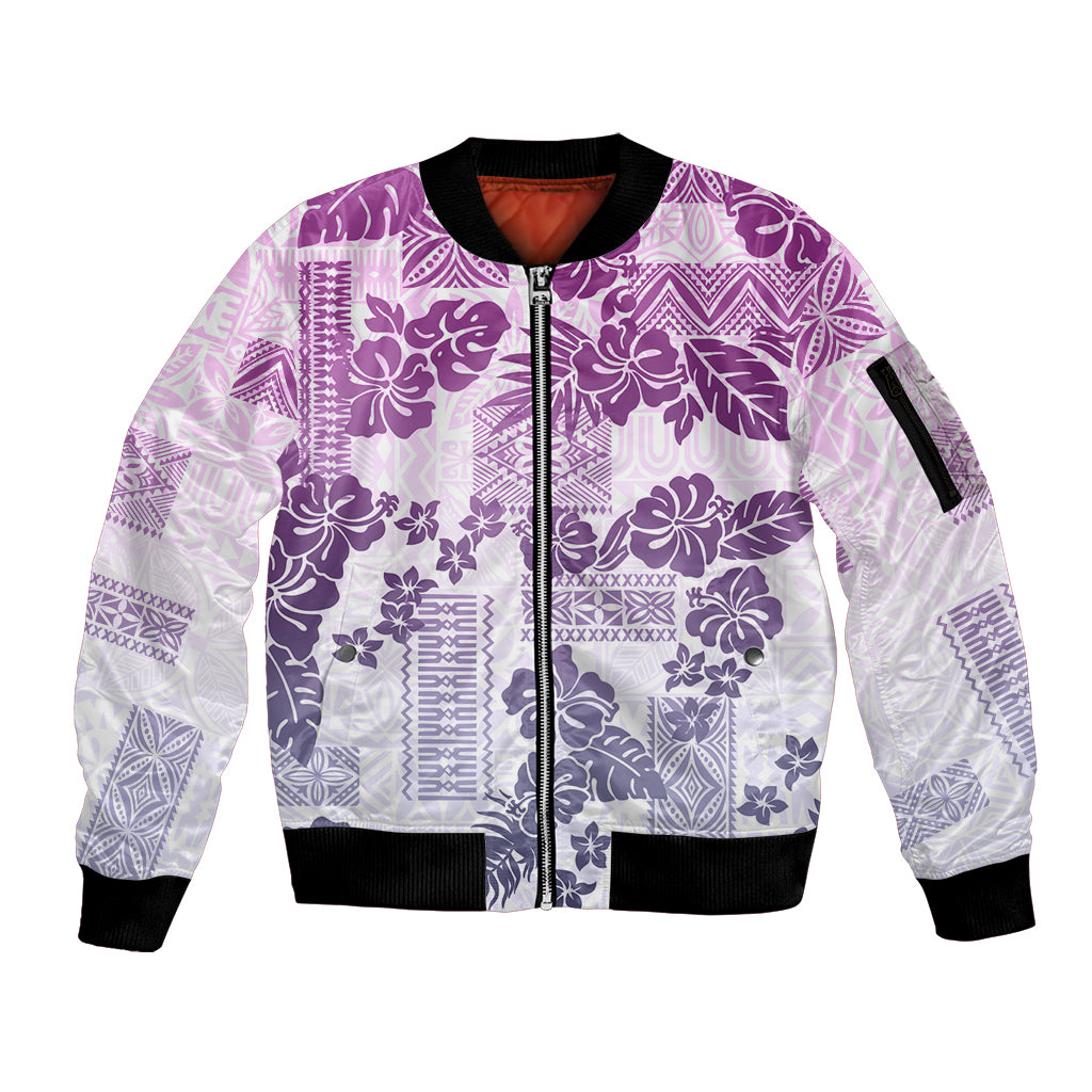 Vintage Hawaii Sleeve Zip Bomber Jacket Hibiscus Tapa Tribal With Hawaiian Quilt Pattern Violet - Wonder Print Shop