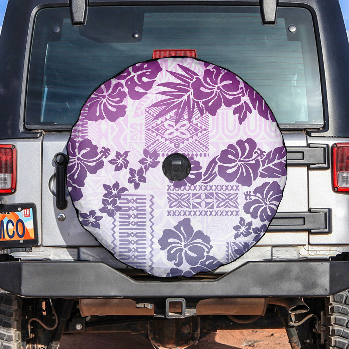 Vintage Hawaii Spare Tire Cover Hibiscus Tapa Tribal With Hawaiian Quilt Pattern Violet - Wonder Print Shop