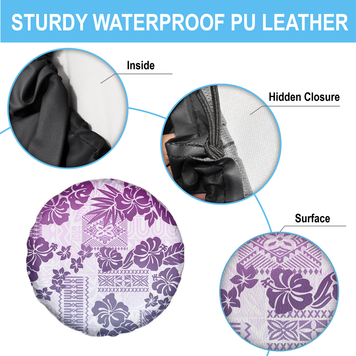 Vintage Hawaii Spare Tire Cover Hibiscus Tapa Tribal With Hawaiian Quilt Pattern Violet - Wonder Print Shop