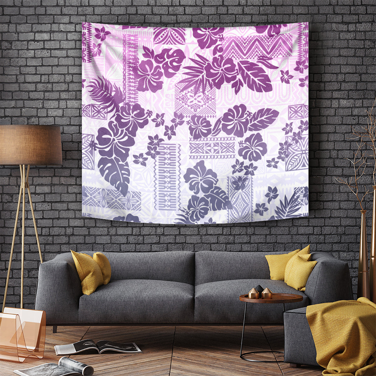 Vintage Hawaii Tapestry Hibiscus Tapa Tribal With Hawaiian Quilt Pattern Violet - Wonder Print Shop