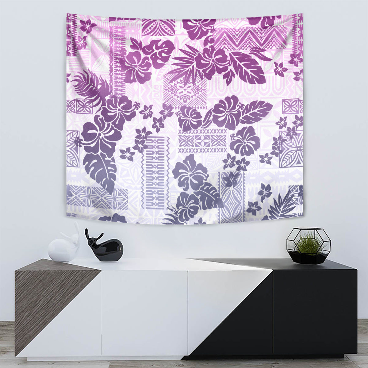 Vintage Hawaii Tapestry Hibiscus Tapa Tribal With Hawaiian Quilt Pattern Violet - Wonder Print Shop