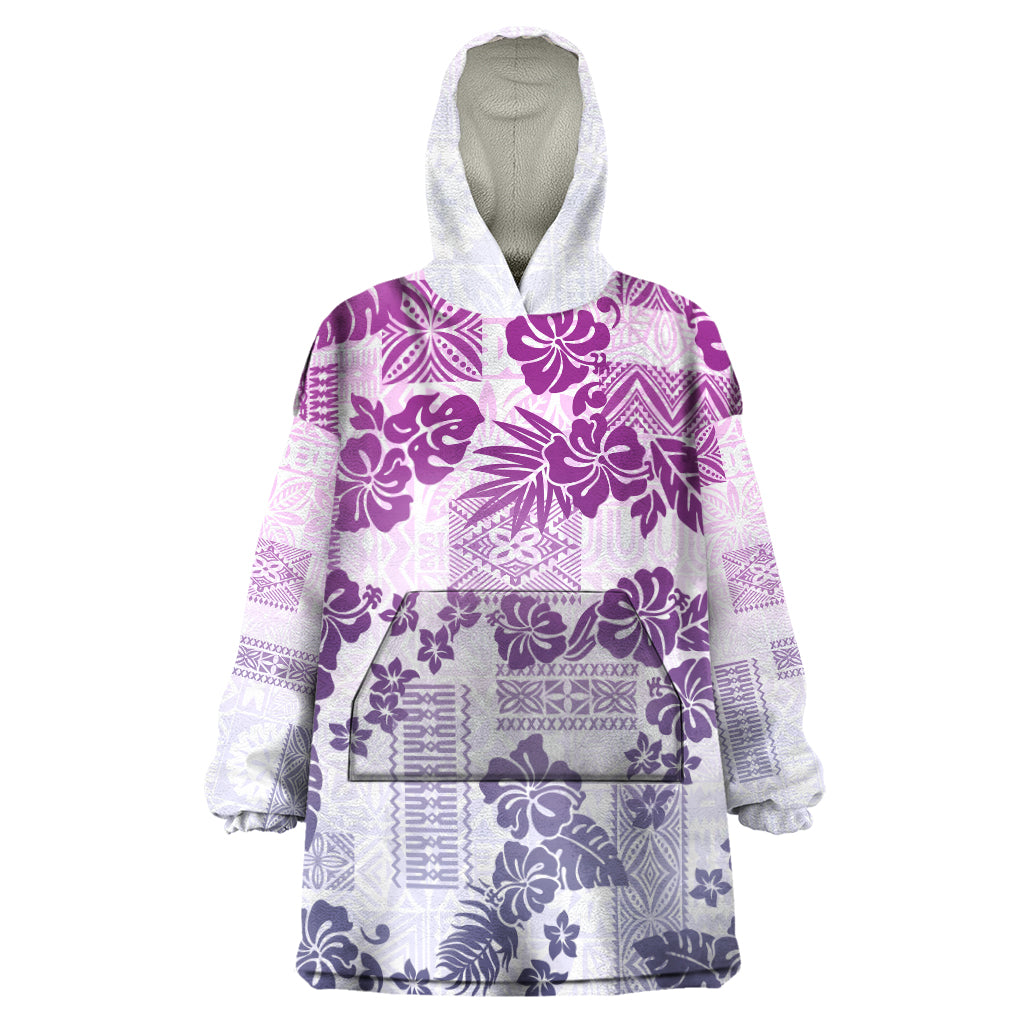 Vintage Hawaii Wearable Blanket Hoodie Hibiscus Tapa Tribal With Hawaiian Quilt Pattern Violet - Wonder Print Shop