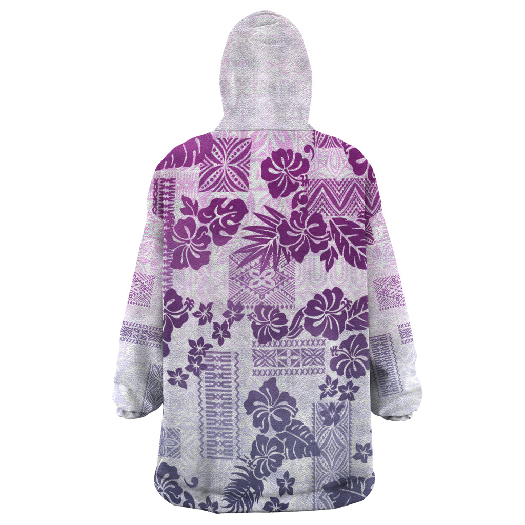 Vintage Hawaii Wearable Blanket Hoodie Hibiscus Tapa Tribal With Hawaiian Quilt Pattern Violet - Wonder Print Shop