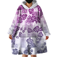 Vintage Hawaii Wearable Blanket Hoodie Hibiscus Tapa Tribal With Hawaiian Quilt Pattern Violet - Wonder Print Shop