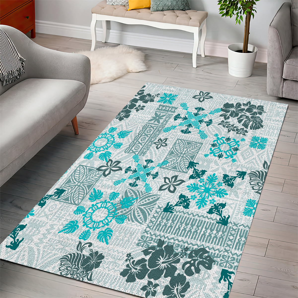 Hawaii Tapa Tribal Area Rug With Hawaiian Quilt Pattern Aqua LT9 - Wonder Print Shop