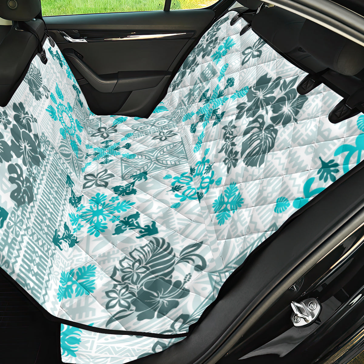 Hawaii Tapa Tribal Back Car Seat Cover With Hawaiian Quilt Pattern Aqua LT9 - Wonder Print Shop