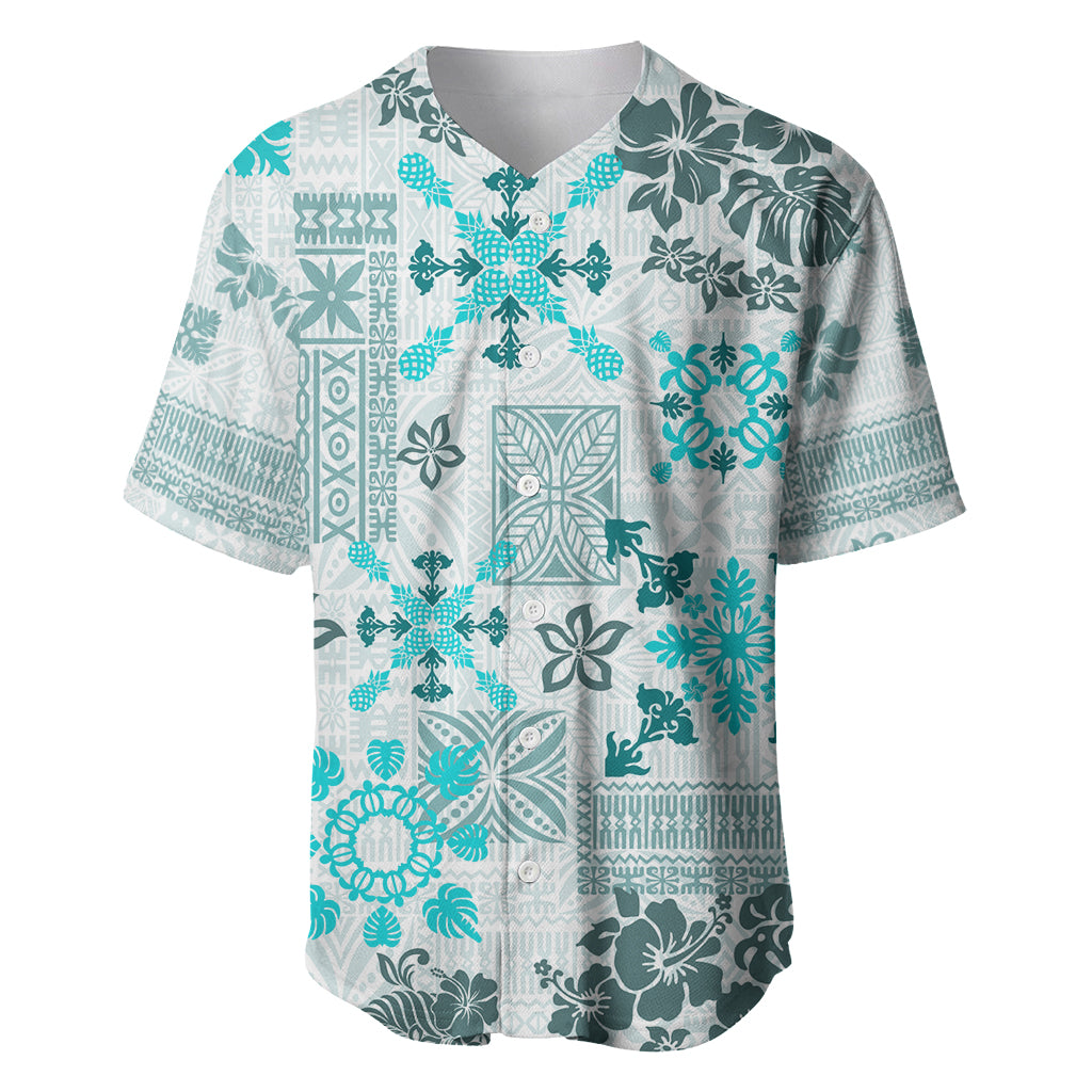 Hawaii Tapa Tribal Baseball Jersey With Hawaiian Quilt Pattern Aqua LT9 - Wonder Print Shop