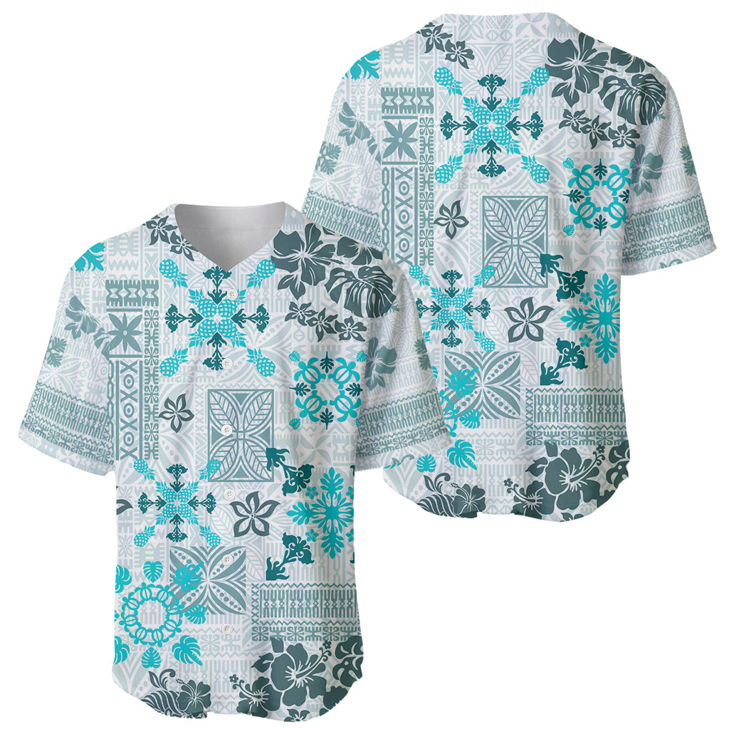 Hawaii Tapa Tribal Baseball Jersey With Hawaiian Quilt Pattern Aqua LT9 - Wonder Print Shop