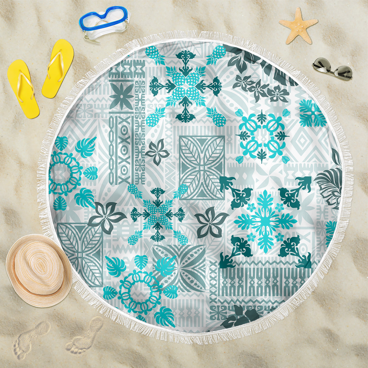 Hawaii Tapa Tribal Beach Blanket With Hawaiian Quilt Pattern Aqua LT9 - Wonder Print Shop