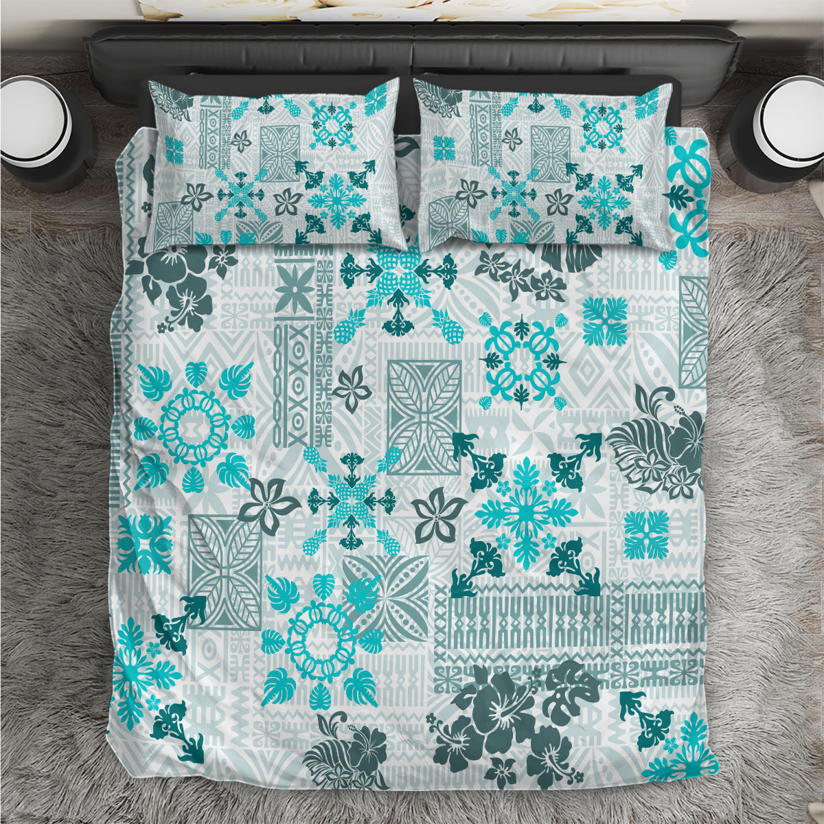 Hawaii Tapa Tribal Bedding Set With Hawaiian Quilt Pattern Aqua LT9 - Wonder Print Shop