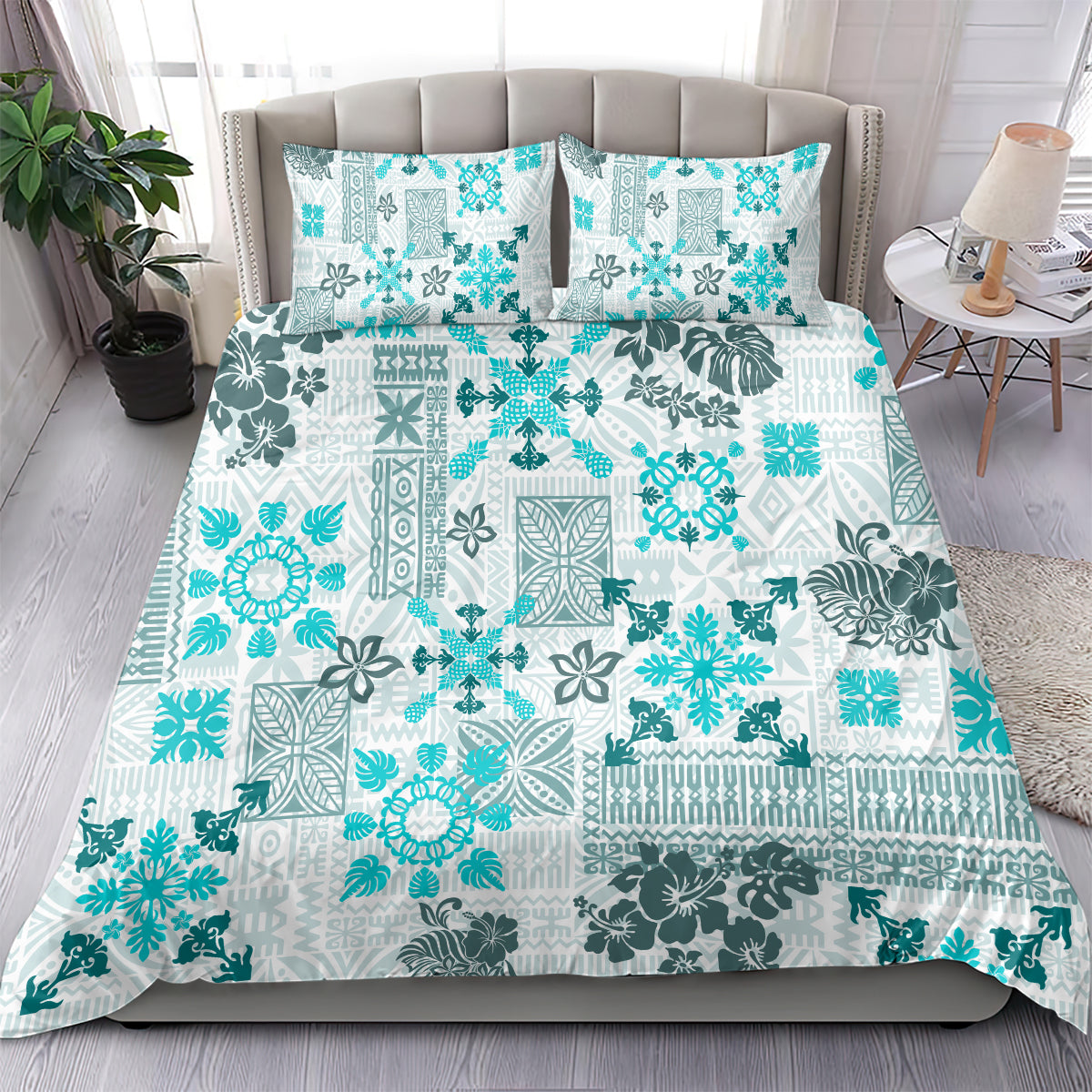 Hawaii Tapa Tribal Bedding Set With Hawaiian Quilt Pattern Aqua LT9 - Wonder Print Shop