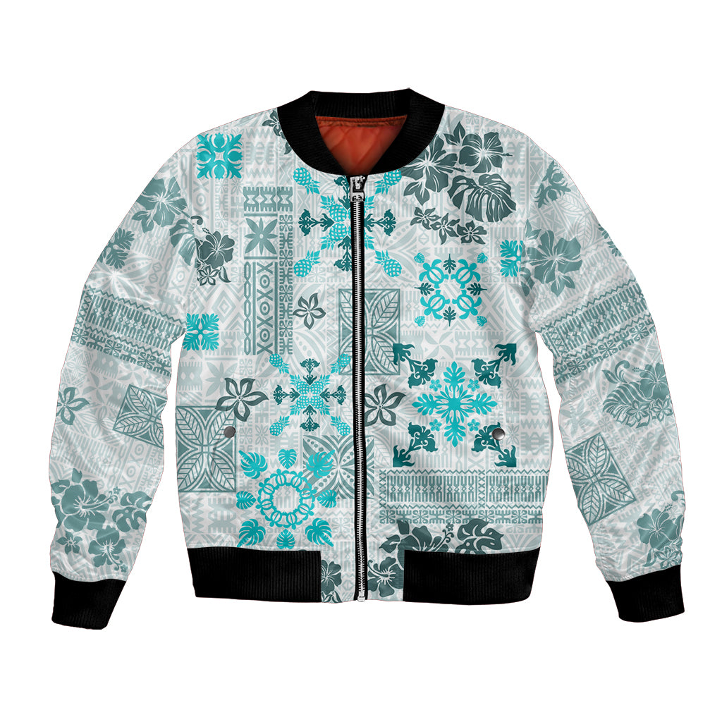 Hawaii Tapa Tribal Bomber Jacket With Hawaiian Quilt Pattern Aqua LT9 - Wonder Print Shop