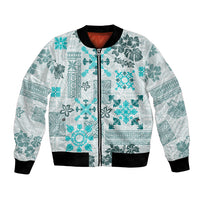 Hawaii Tapa Tribal Bomber Jacket With Hawaiian Quilt Pattern Aqua LT9 - Wonder Print Shop