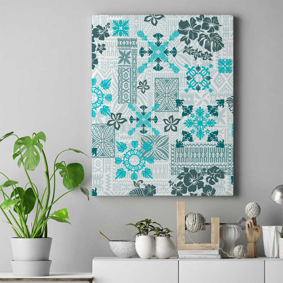 Hawaii Tapa Tribal Canvas Wall Art With Hawaiian Quilt Pattern Aqua LT9 - Wonder Print Shop