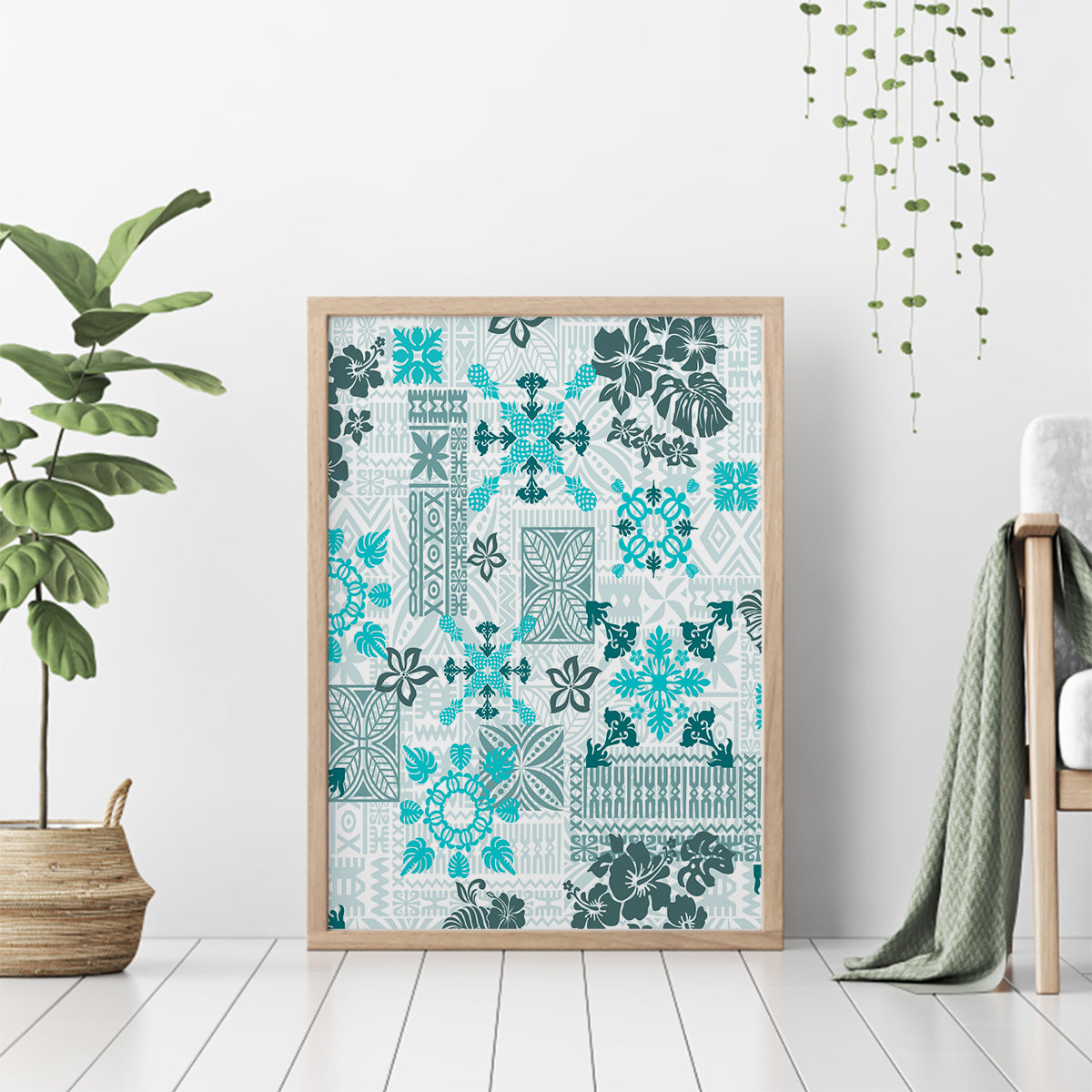 Hawaii Tapa Tribal Canvas Wall Art With Hawaiian Quilt Pattern Aqua LT9 - Wonder Print Shop