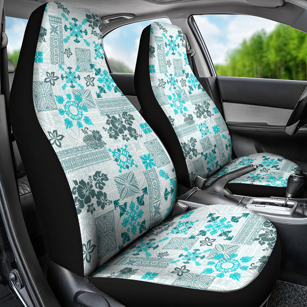 Hawaii Tapa Tribal Car Seat Cover With Hawaiian Quilt Pattern Aqua LT9 - Wonder Print Shop