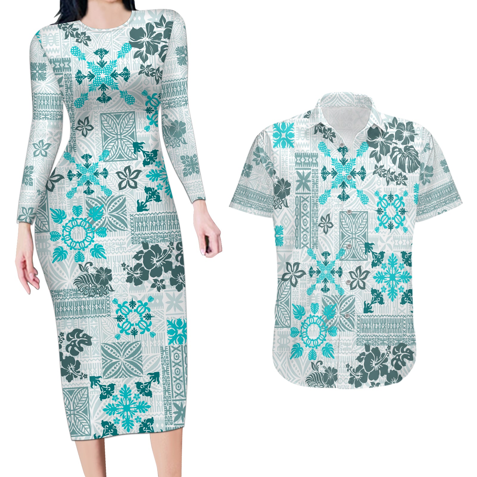 Hawaii Tapa Tribal Couples Matching Long Sleeve Bodycon Dress and Hawaiian Shirt With Hawaiian Quilt Pattern Aqua LT9 - Wonder Print Shop