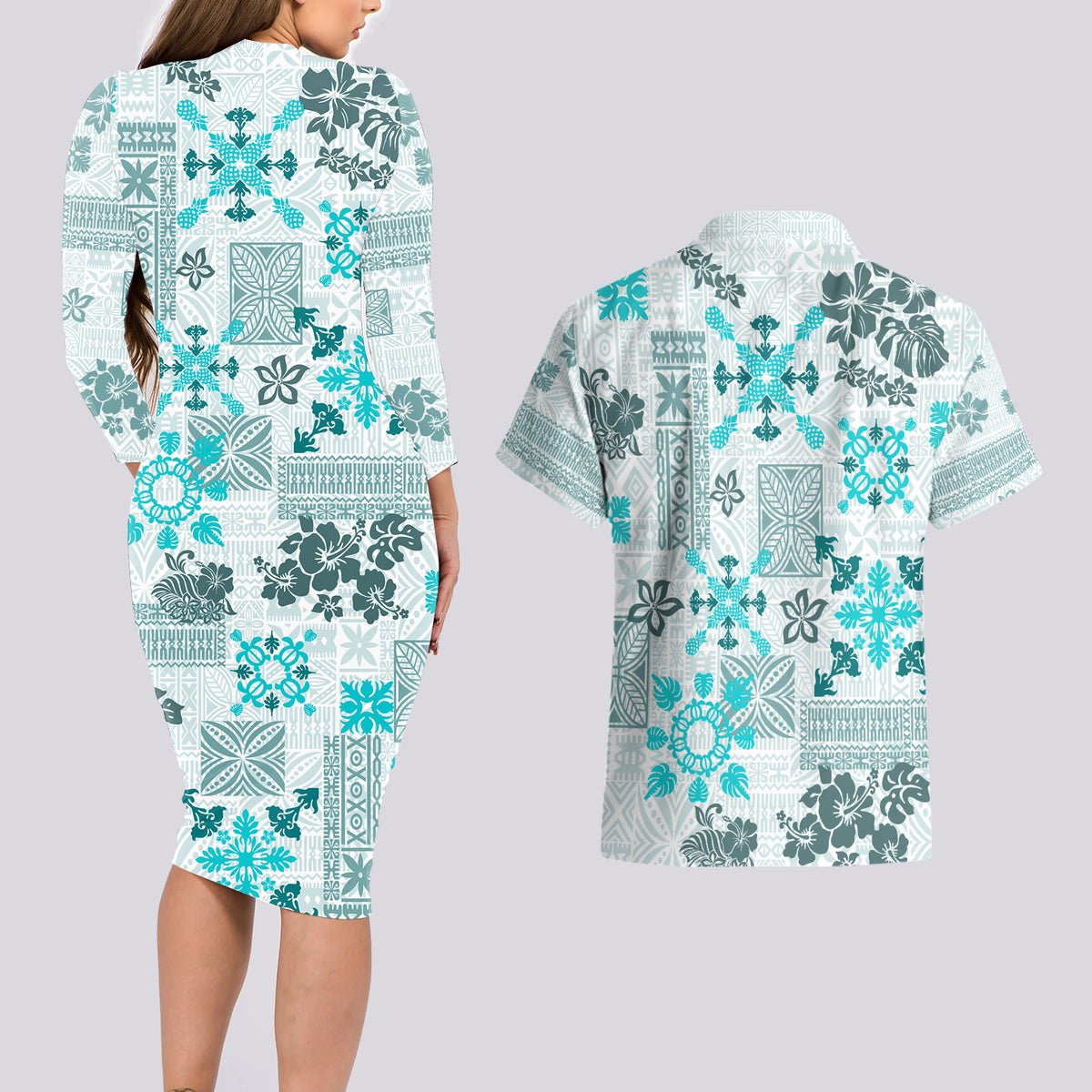 Hawaii Tapa Tribal Couples Matching Long Sleeve Bodycon Dress and Hawaiian Shirt With Hawaiian Quilt Pattern Aqua LT9 - Wonder Print Shop