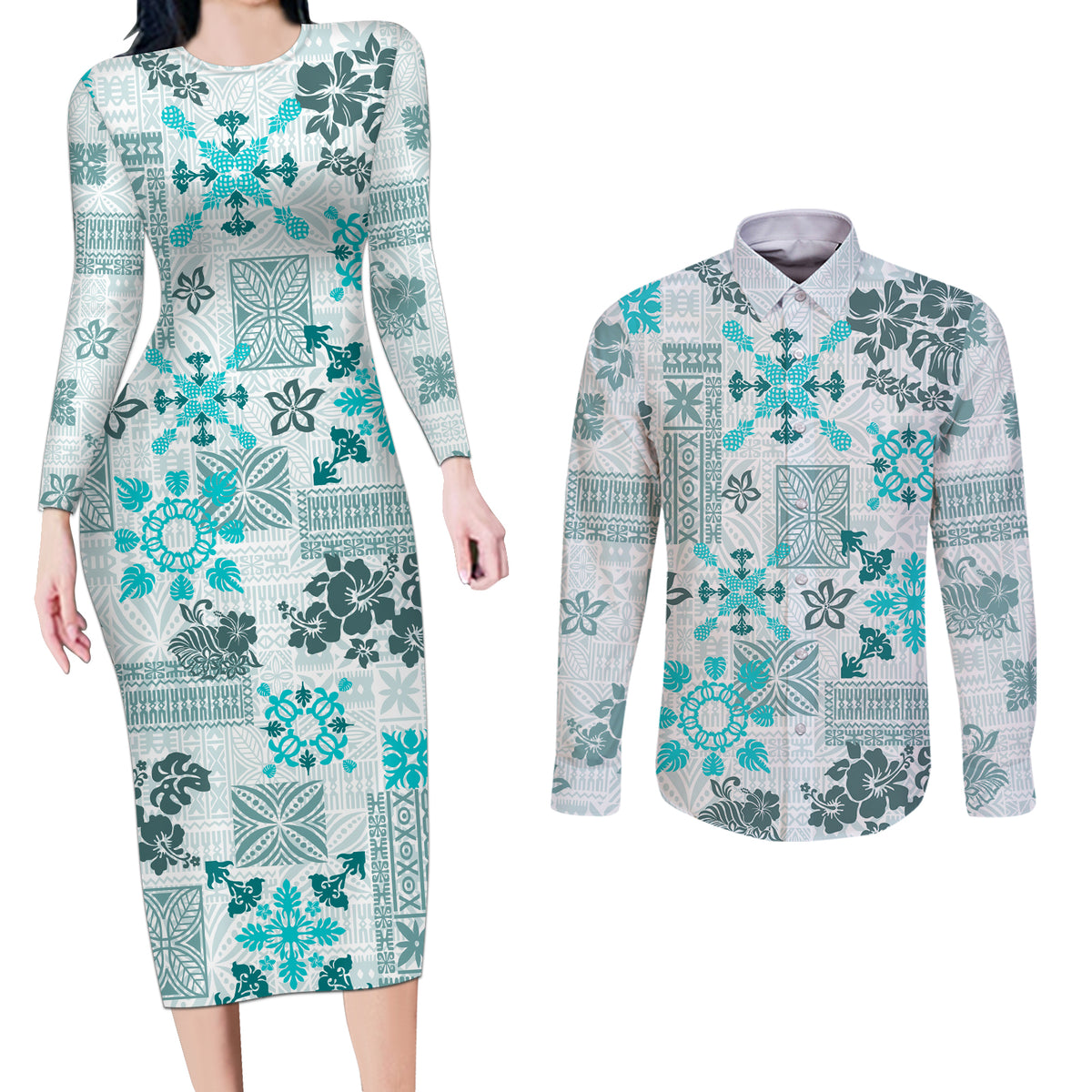 Hawaii Tapa Tribal Couples Matching Long Sleeve Bodycon Dress and Long Sleeve Button Shirt With Hawaiian Quilt Pattern Aqua LT9 - Wonder Print Shop